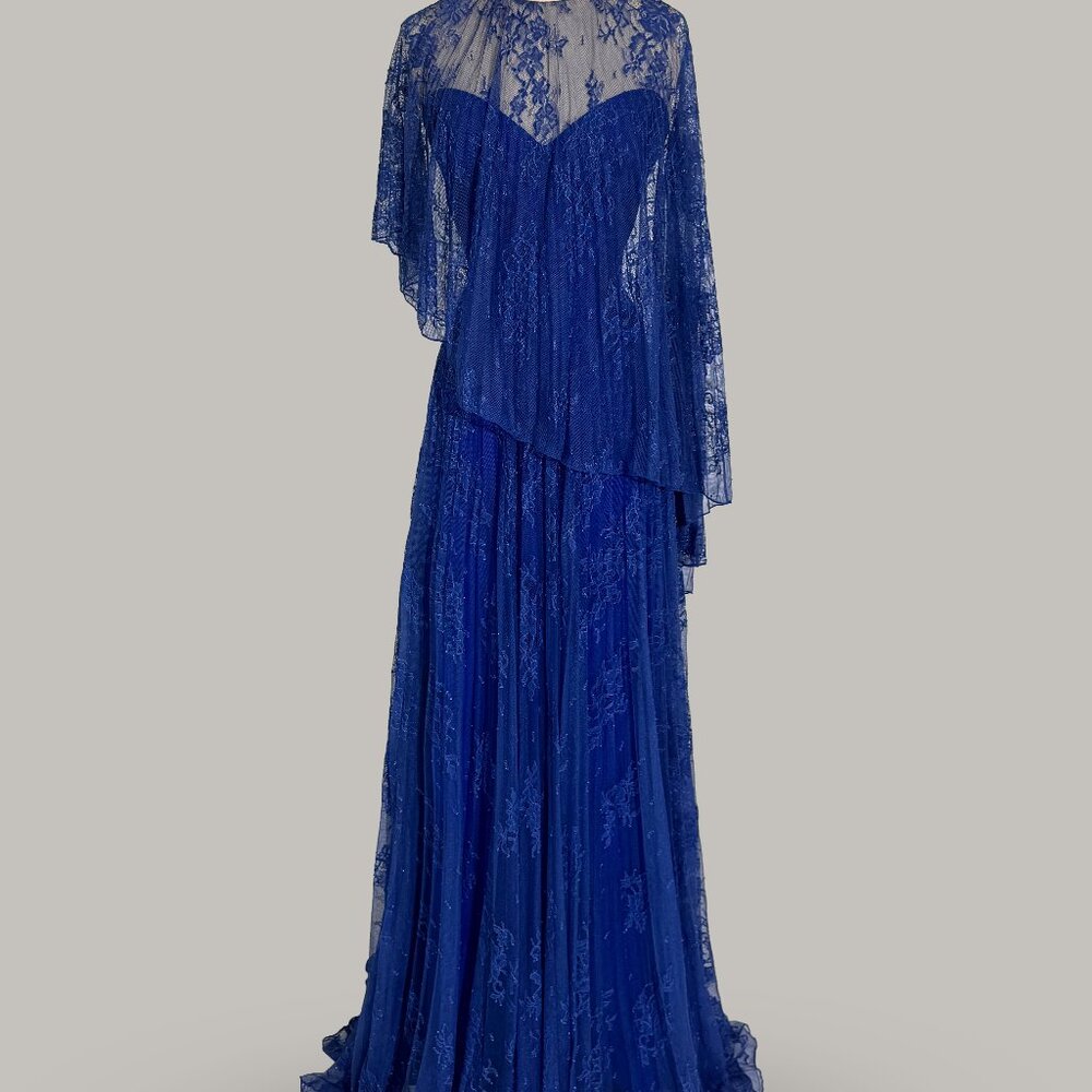 Brand New US 8 Gemy Maalouf Chantilly Lace Maxi Gown with Cape in Royal Blue